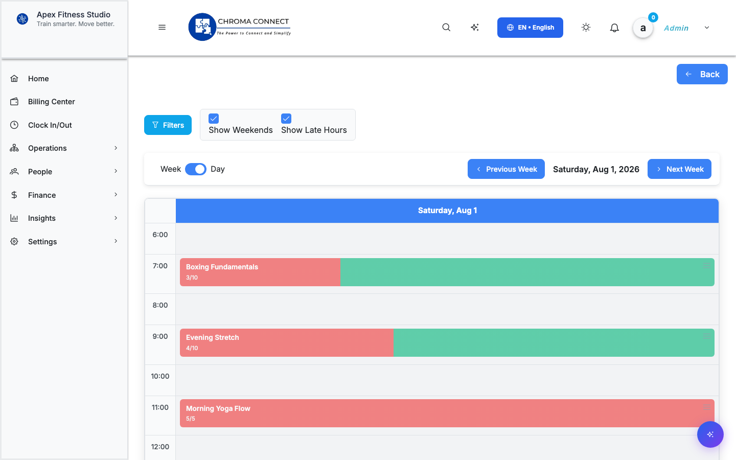 Chroma Connect admin dashboard for a studio schedule