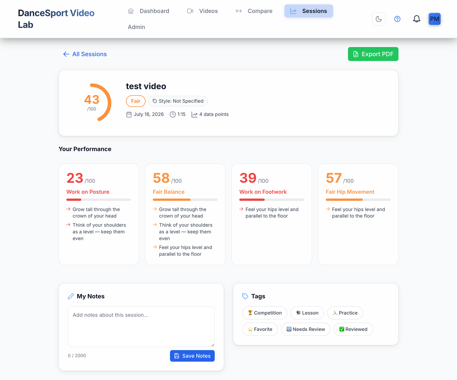 Session performance summary with PDF export and detailed metrics